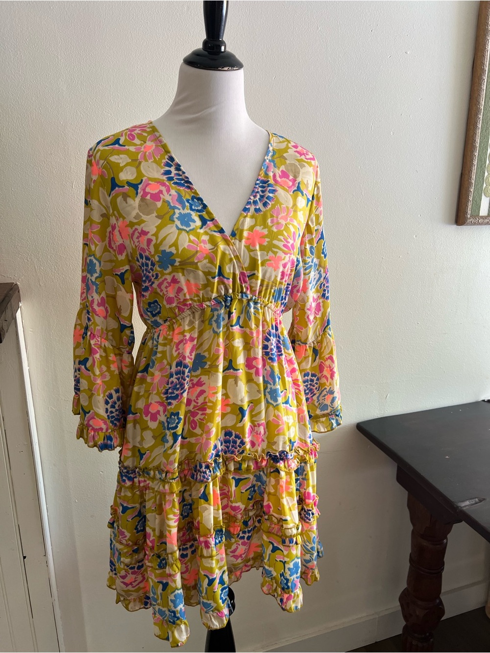 Gold & Silver Yellow Floral V-Neck Tiered Mini Dress with Pink & Blue Accents